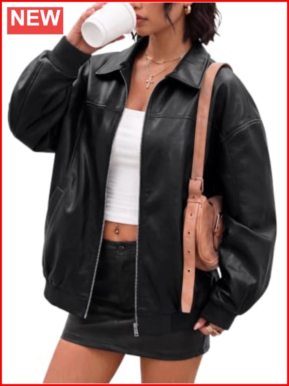 Oversized Faux Leather Zip Up Bomber Jacket Long Sleeve